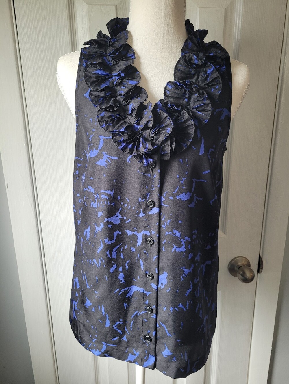 J.Crew Factory Annalise Ruffle Cami 100% Silk Black Blue Abstract Print Sz 2